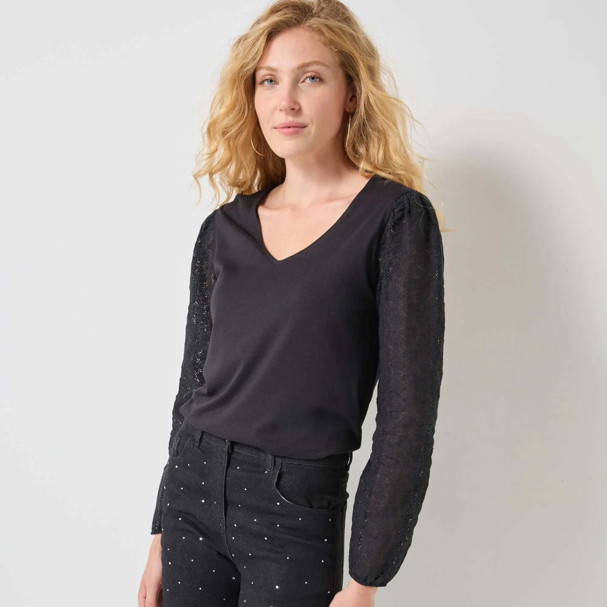 Feestoutfits Dames|T-Shirt En Topje<Blancheporte T-shirt met V-hals en kanten mouwen zwart