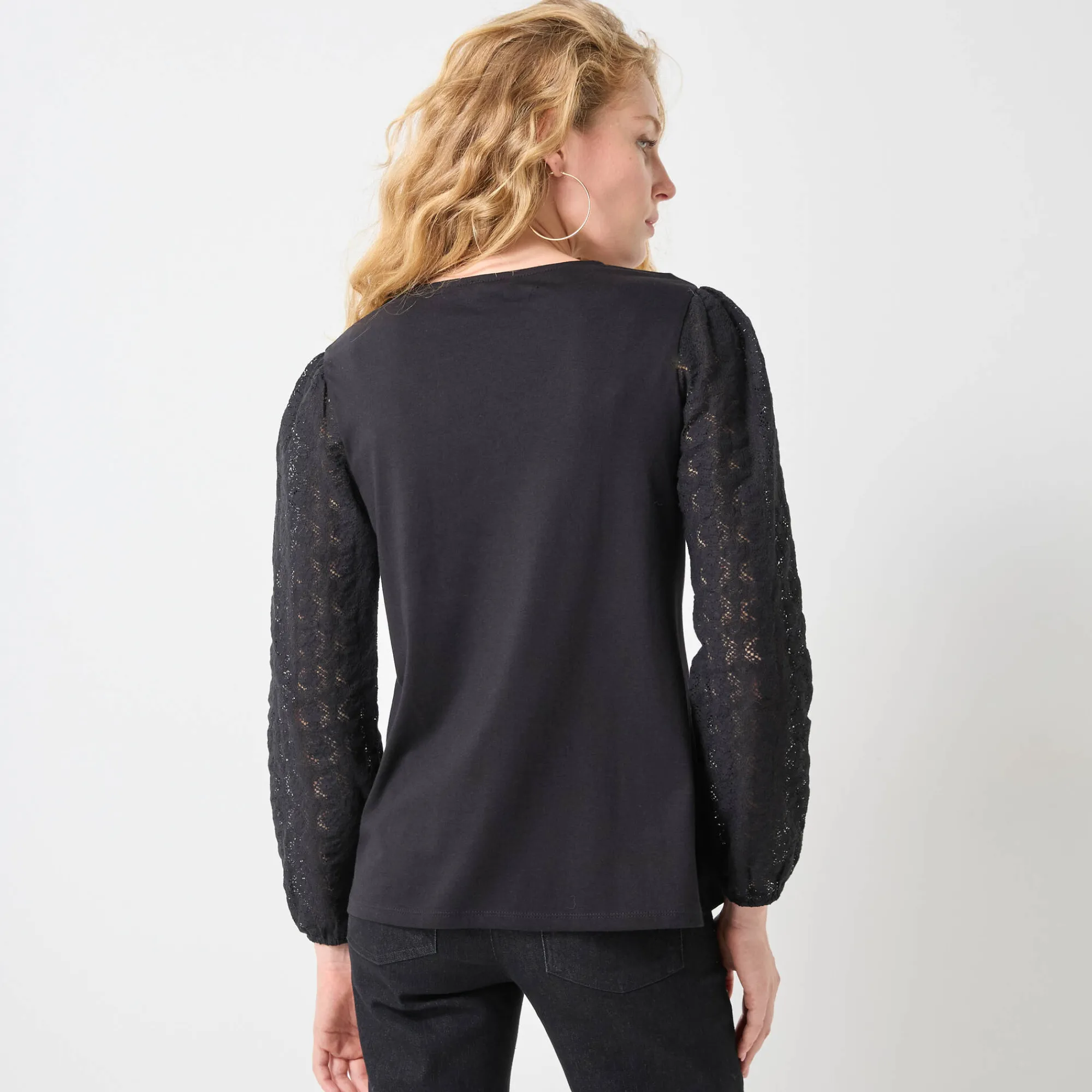 Feestoutfits Dames|T-Shirt En Topje<Blancheporte T-shirt met V-hals en kanten mouwen zwart