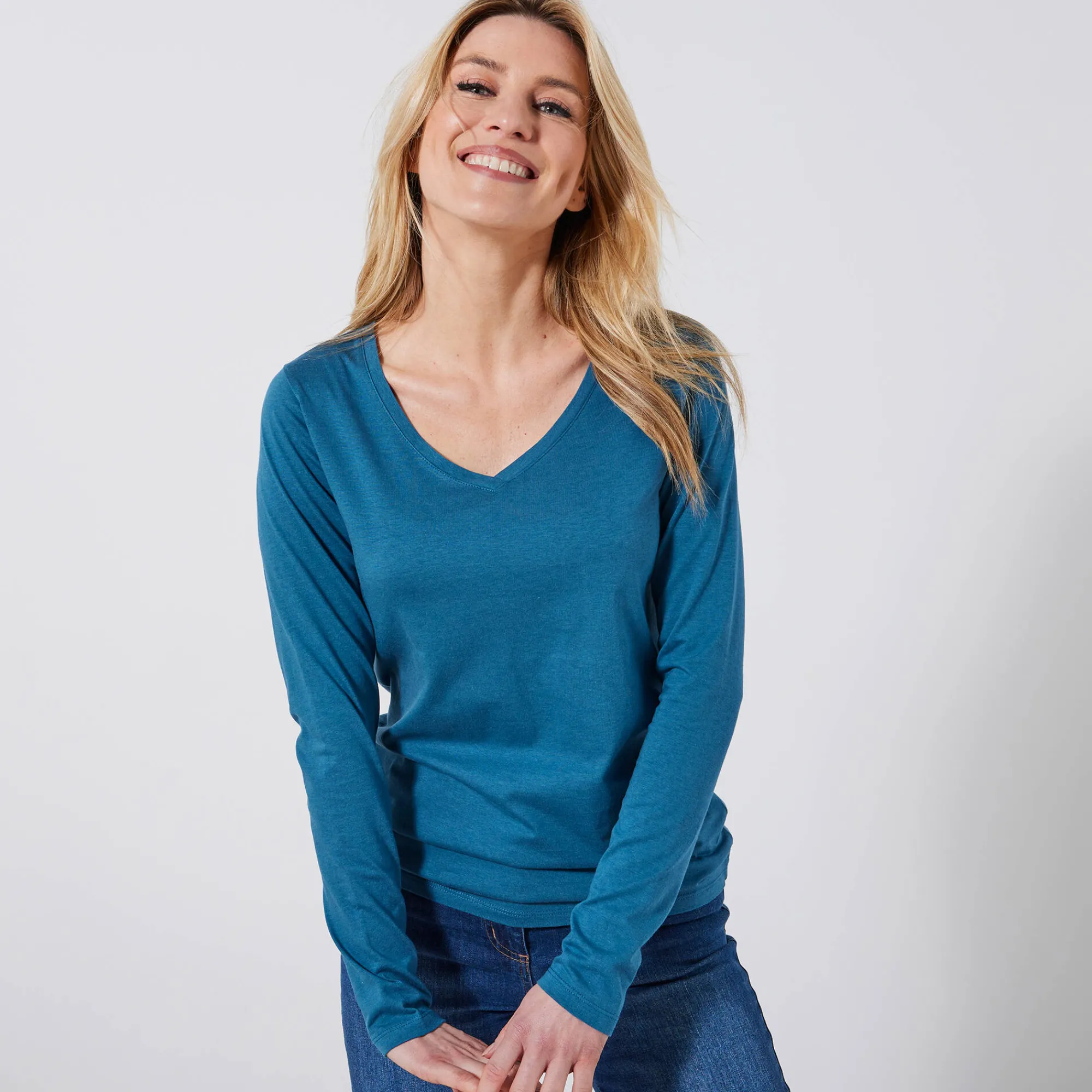 T-Shirt En Topje<Blancheporte T-shirt met V-hals en lange mouwen Pruisisch blauw