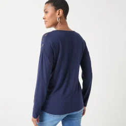 T-Shirt En Topje<Blancheporte T-shirt met V-hals en lange mouwen in kant marine