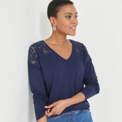 T-Shirt En Topje<Blancheporte T-shirt met V-hals en lange mouwen in kant marine