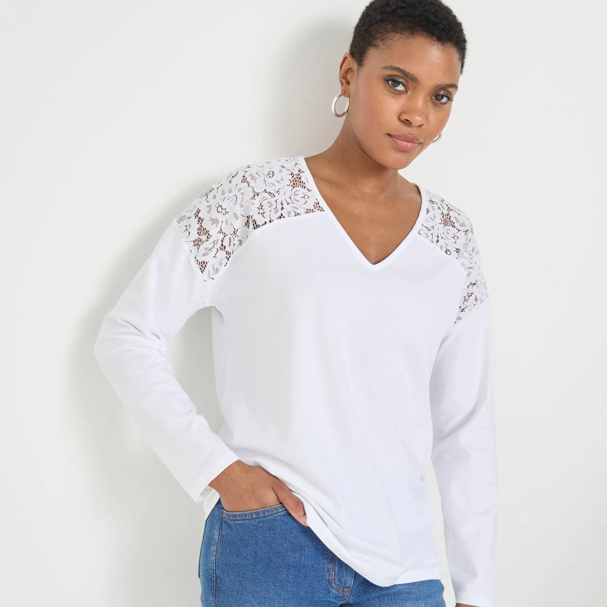 T-Shirt En Topje<Blancheporte T-shirt met V-hals en lange mouwen in kant wit