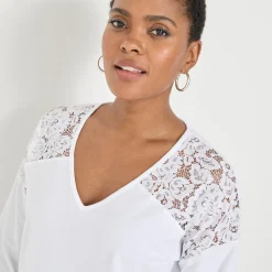 T-Shirt En Topje<Blancheporte T-shirt met V-hals en lange mouwen in kant wit