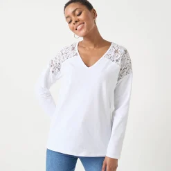 T-Shirt En Topje<Blancheporte T-shirt met V-hals en lange mouwen in kant wit