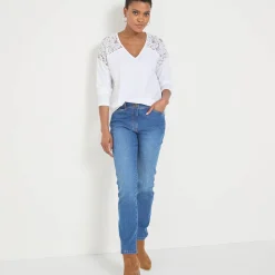 T-Shirt En Topje<Blancheporte T-shirt met V-hals en lange mouwen in kant wit