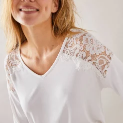 T-Shirt En Topje<Blancheporte T-shirt met V-hals en lange mouwen, kant wit