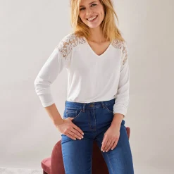 T-Shirt En Topje<Blancheporte T-shirt met V-hals en lange mouwen, kant wit