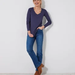 T-Shirt En Topje<Blancheporte T-shirt met V-hals en lange mouwen marine