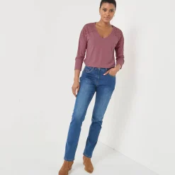 T-Shirt En Topje<Blancheporte T-shirt met V-hals en lange mouwen in kant chiné rozenhout