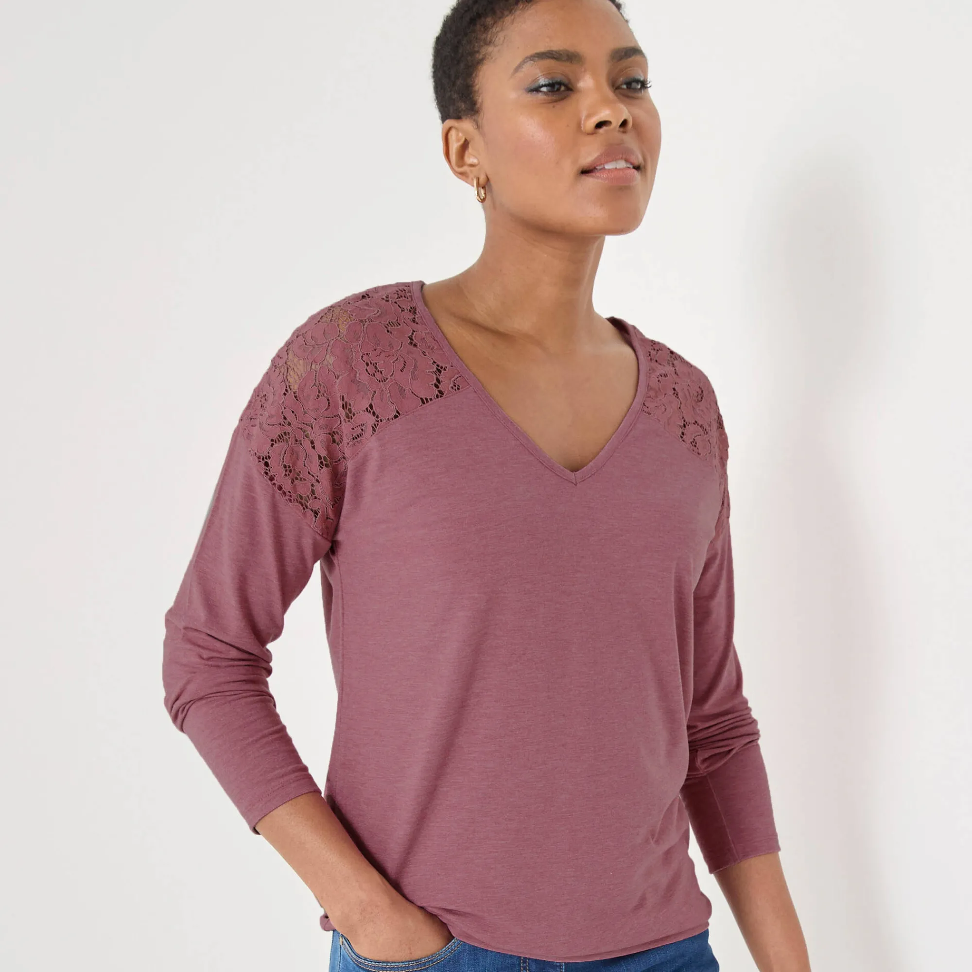 T-Shirt En Topje<Blancheporte T-shirt met V-hals en lange mouwen in kant chiné rozenhout