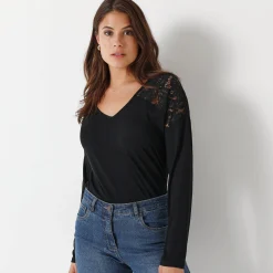 T-Shirt En Topje<Blancheporte T-shirt met V-hals en lange mouwen in kant zwart