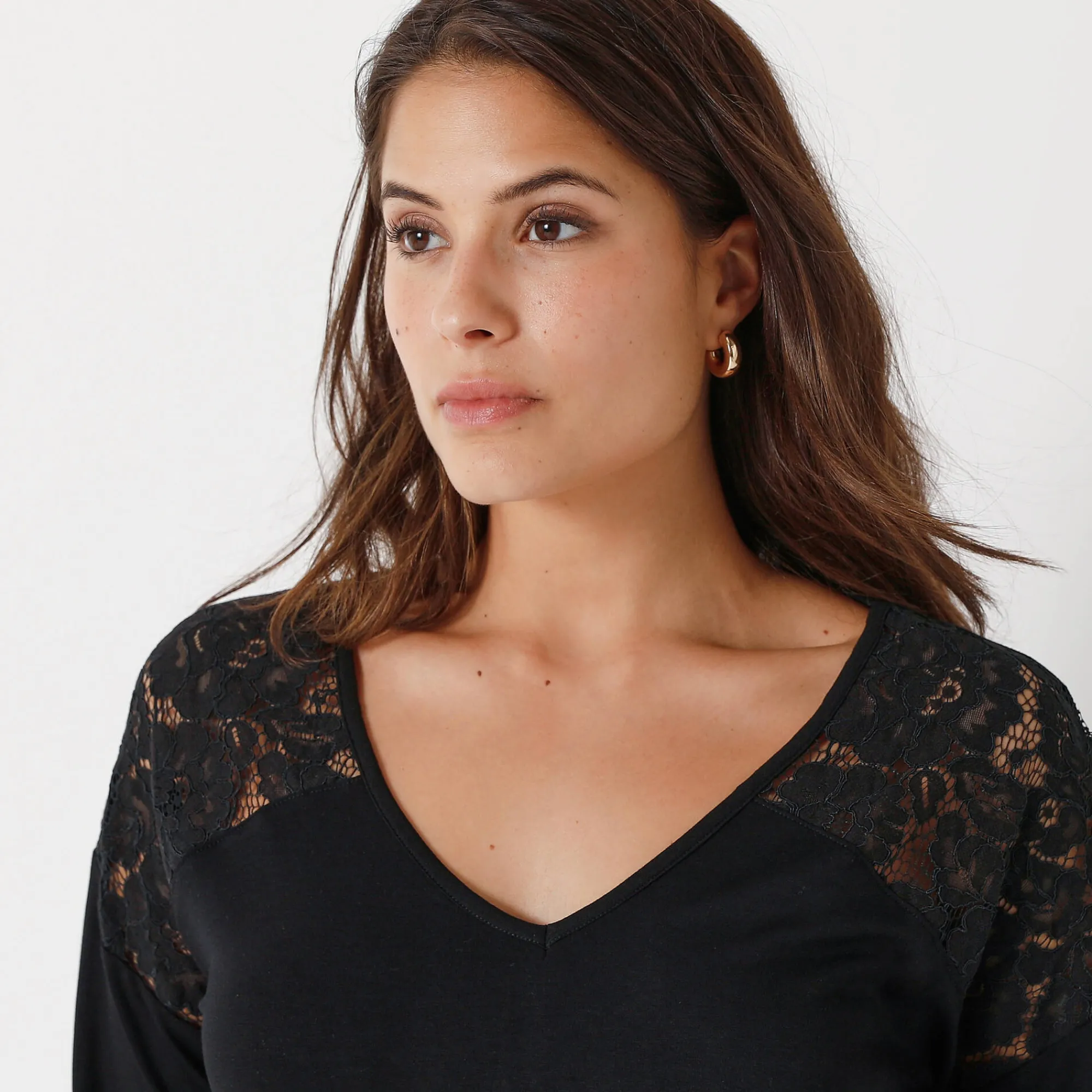 T-Shirt En Topje<Blancheporte T-shirt met V-hals en lange mouwen in kant zwart