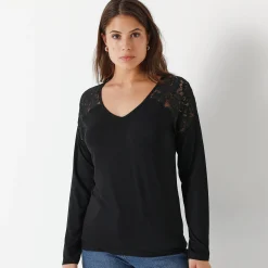 T-Shirt En Topje<Blancheporte T-shirt met V-hals en lange mouwen in kant zwart