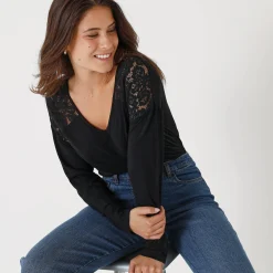 T-Shirt En Topje<Blancheporte T-shirt met V-hals en lange mouwen in kant zwart