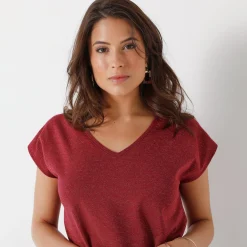T-Shirt En Topje<Blancheporte T-shirt met V-hals, glanzend fantasietricot bordeaux