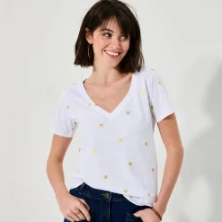 T-Shirt En Topje<Blancheporte T-shirt met V-hals, goudkleurige hartjesprint wit