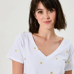 T-Shirt En Topje<Blancheporte T-shirt met V-hals, goudkleurige hartjesprint wit