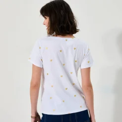 T-Shirt En Topje<Blancheporte T-shirt met V-hals, goudkleurige hartjesprint wit