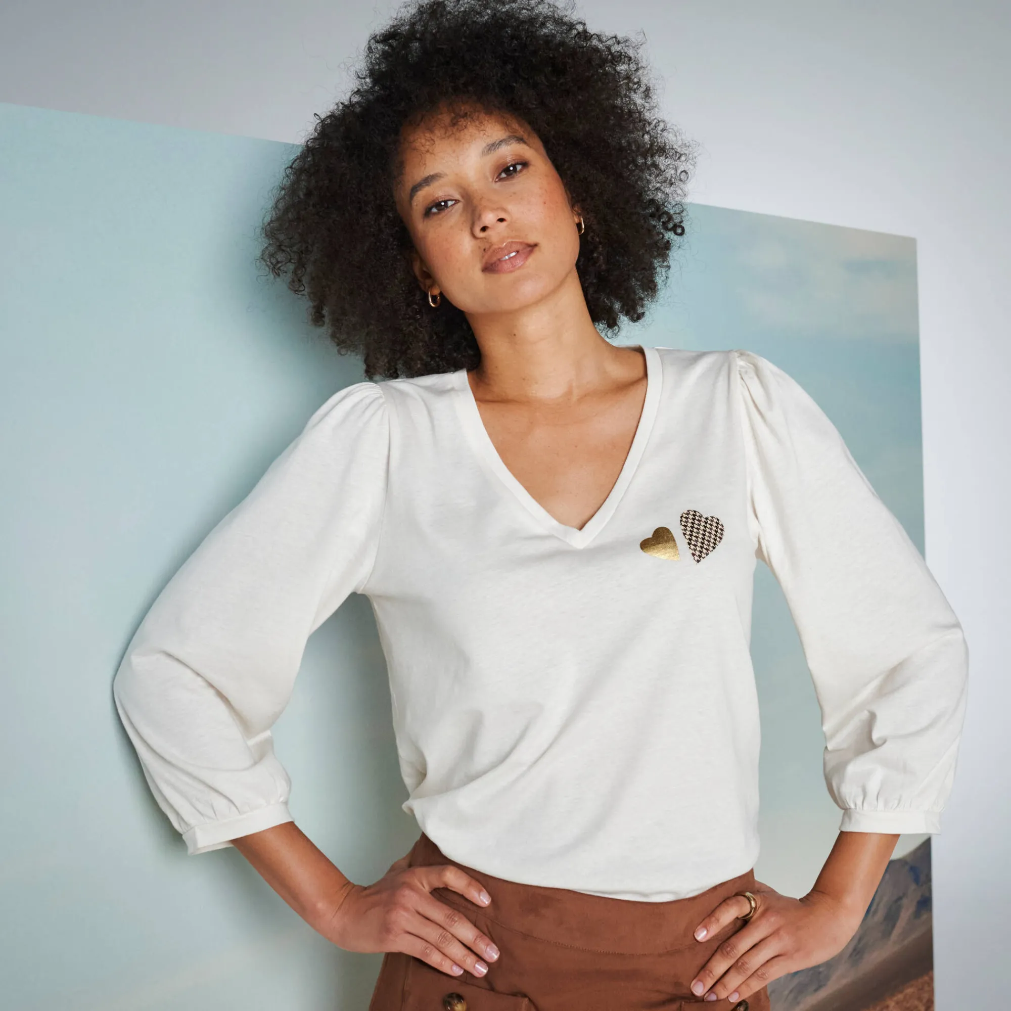T-Shirt En Topje<Blancheporte T-shirt met V-hals, hartjesprint ecru
