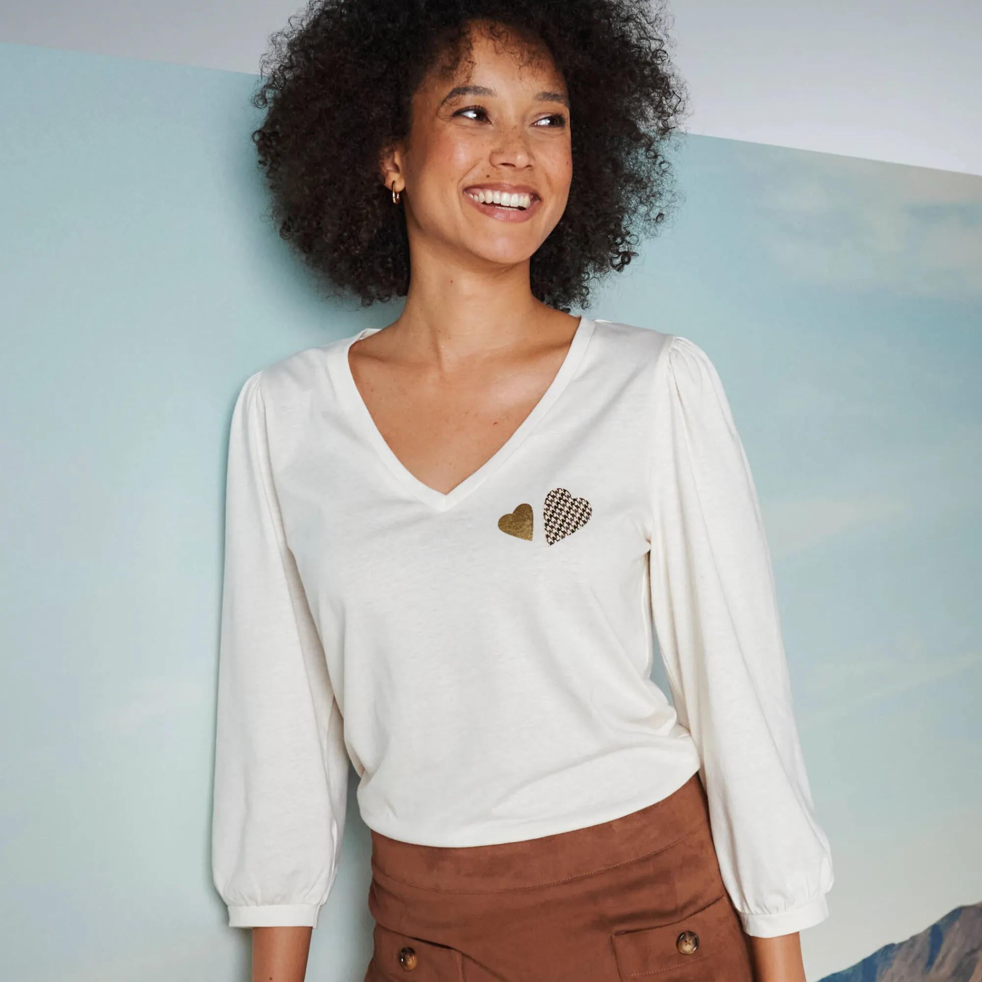 T-Shirt En Topje<Blancheporte T-shirt met V-hals, hartjesprint ecru