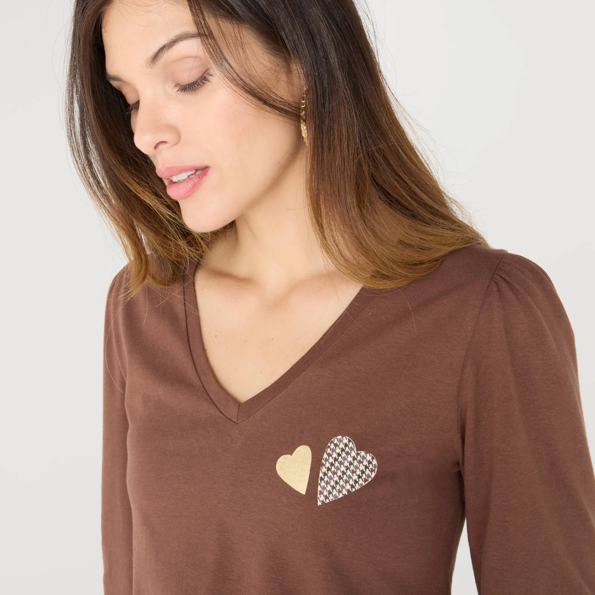 T-Shirt En Topje<Blancheporte T-shirt met V-hals, hartjesprint chocolade