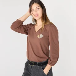 T-Shirt En Topje<Blancheporte T-shirt met V-hals, hartjesprint chocolade