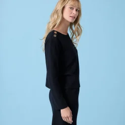 T-Shirt En Topje<Blancheporte T-shirt speciaal voor kleine lengtes effen, knoopdetails op de schouder, geribbelde stof zwart