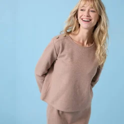 T-Shirt En Topje<Blancheporte T-shirt speciaal voor kleine lengtes effen, knoopdetails op de schouder, geribbelde stof chiné hazelnootbruin