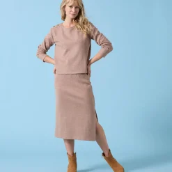 T-Shirt En Topje<Blancheporte T-shirt speciaal voor kleine lengtes effen, knoopdetails op de schouder, geribbelde stof chiné hazelnootbruin