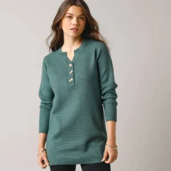 Trui En Vest<Blancheporte Tunic sweater with Tunisian collar, fancy knit donkergroen