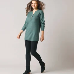 Trui En Vest<Blancheporte Tunic sweater with Tunisian collar, fancy knit donkergroen