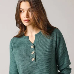Trui En Vest<Blancheporte Tunic sweater with Tunisian collar, fancy knit donkergroen