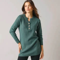 Trui En Vest<Blancheporte Tunic sweater with Tunisian collar, fancy knit donkergroen