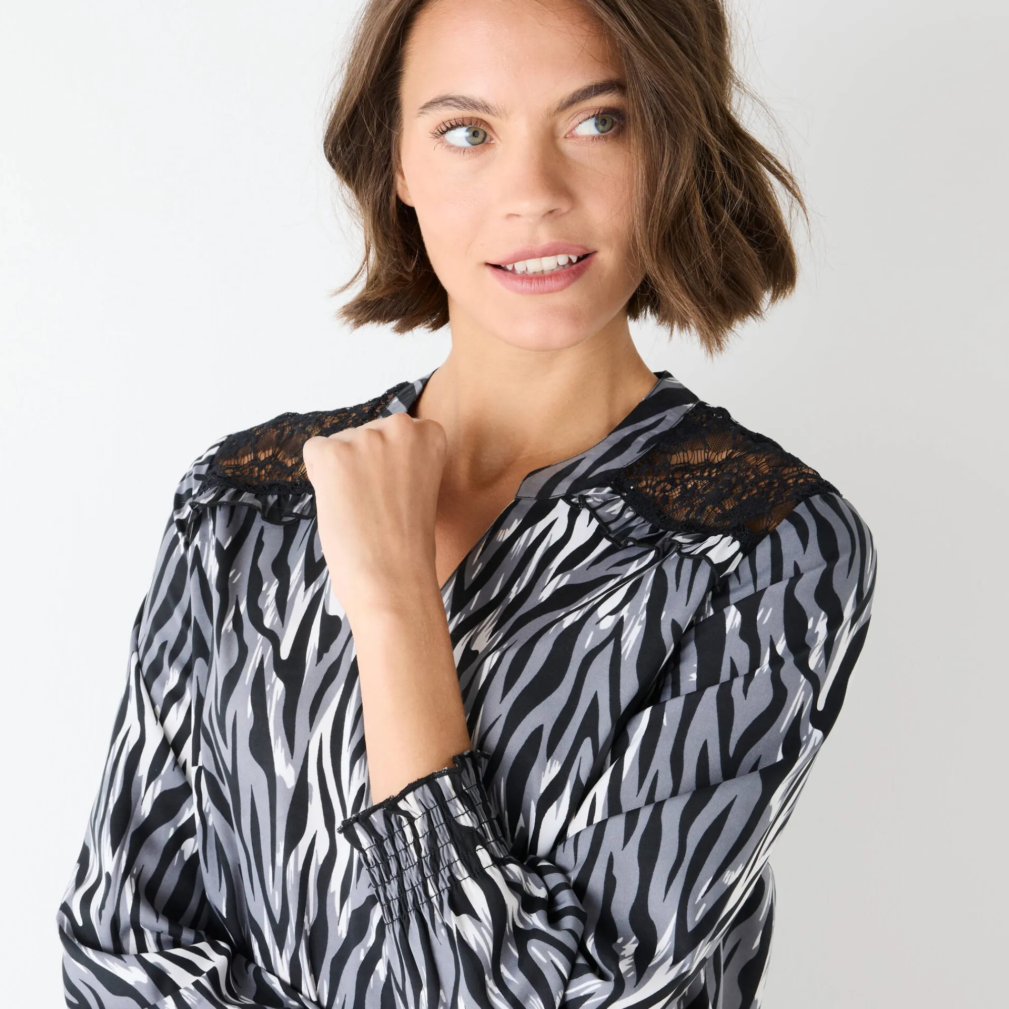 Bloes En Tuniek<Blancheporte Tuniek met kant en lange mouwen, zebraprint zwart / grijs