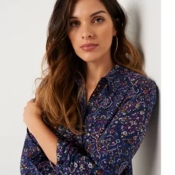 Bloes En Tuniek<Blancheporte Tuniek met kasjmierprint en hemdkraag blauw / violine
