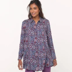 Bloes En Tuniek<Blancheporte Tuniek met kasjmierprint en hemdkraag jeansblauw