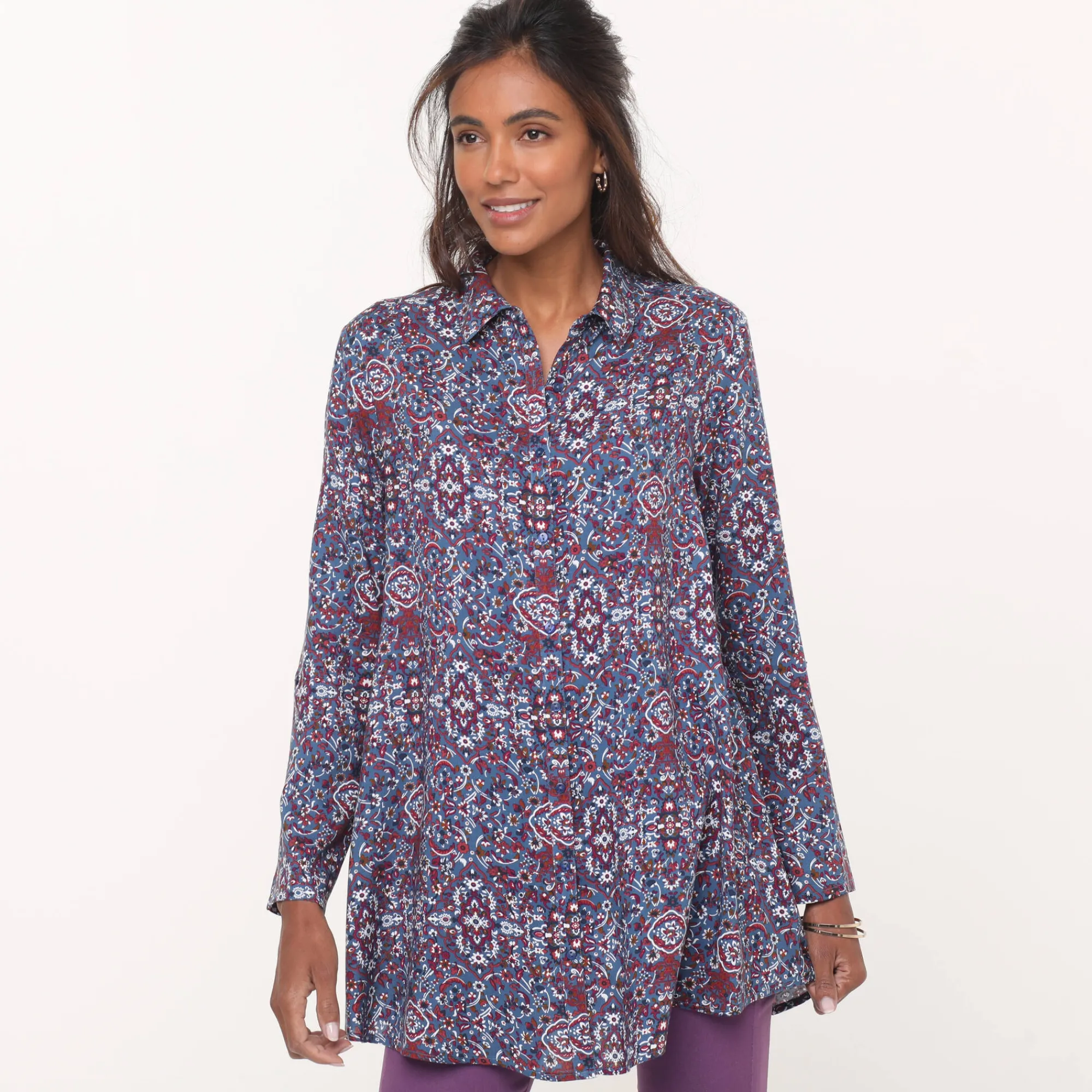Bloes En Tuniek<Blancheporte Tuniek met kasjmierprint en hemdkraag jeansblauw