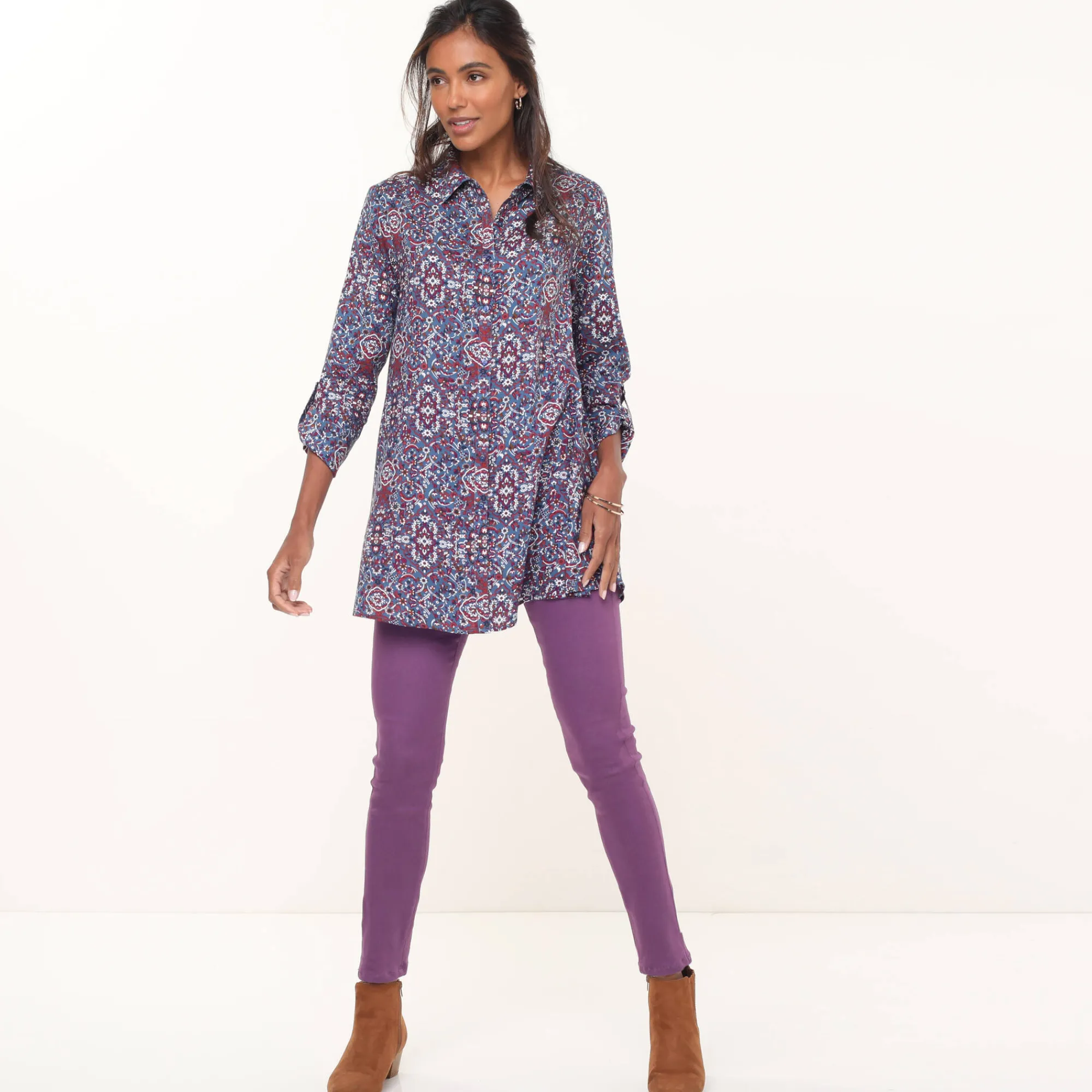 Bloes En Tuniek<Blancheporte Tuniek met kasjmierprint en hemdkraag jeansblauw