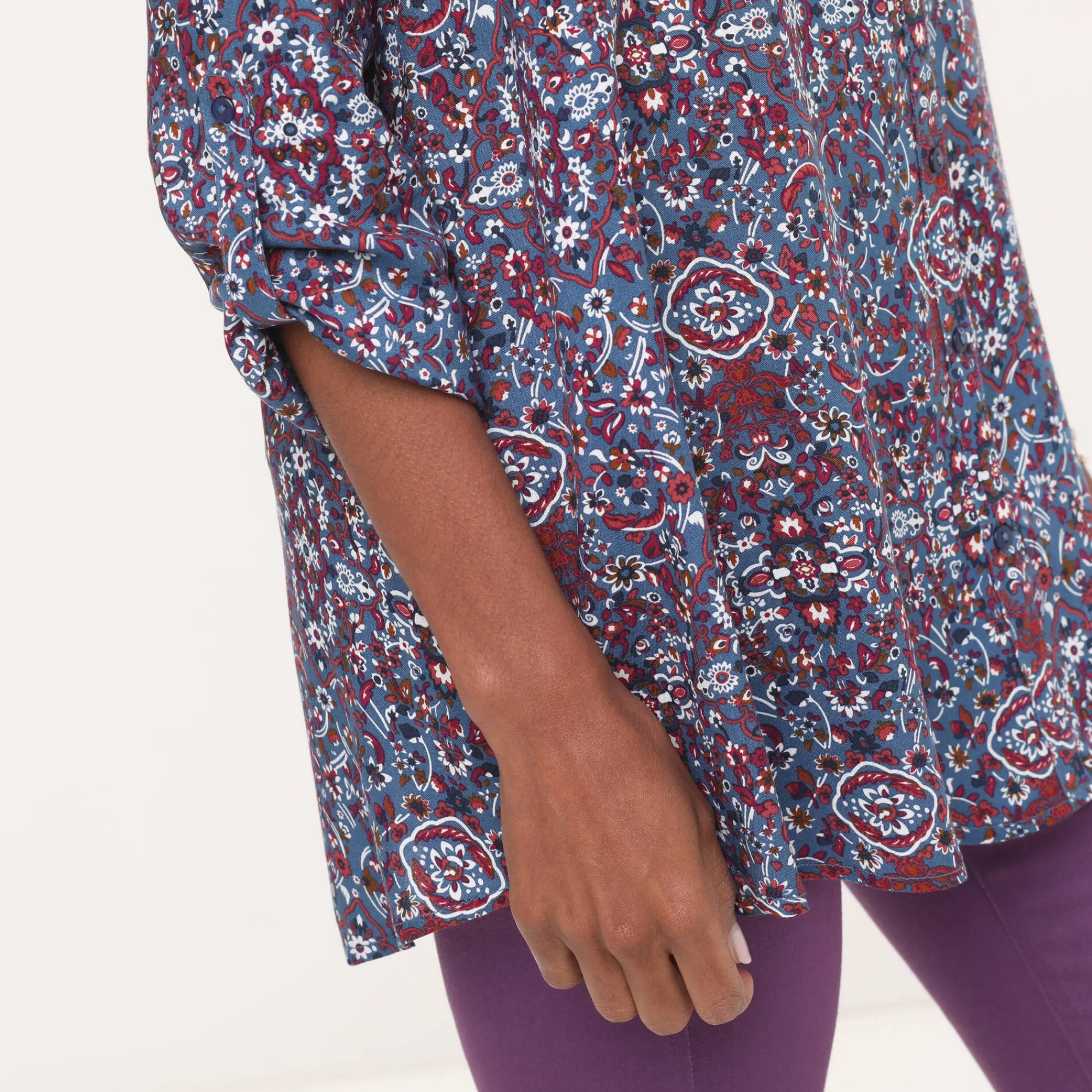 Bloes En Tuniek<Blancheporte Tuniek met kasjmierprint en hemdkraag jeansblauw