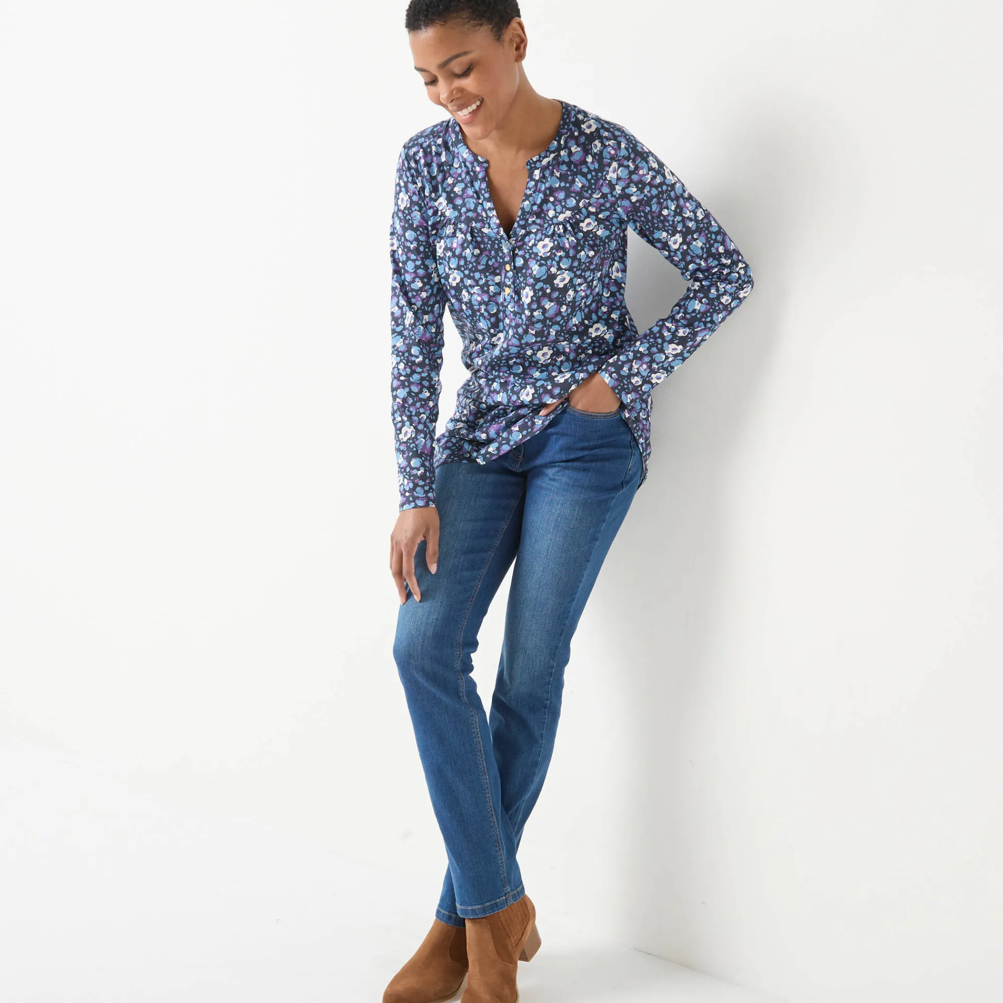 T-Shirt En Topje|Bloes En Tuniek<Blancheporte Tuniek met knoopkraag en dierenhuidprint marine / ecru