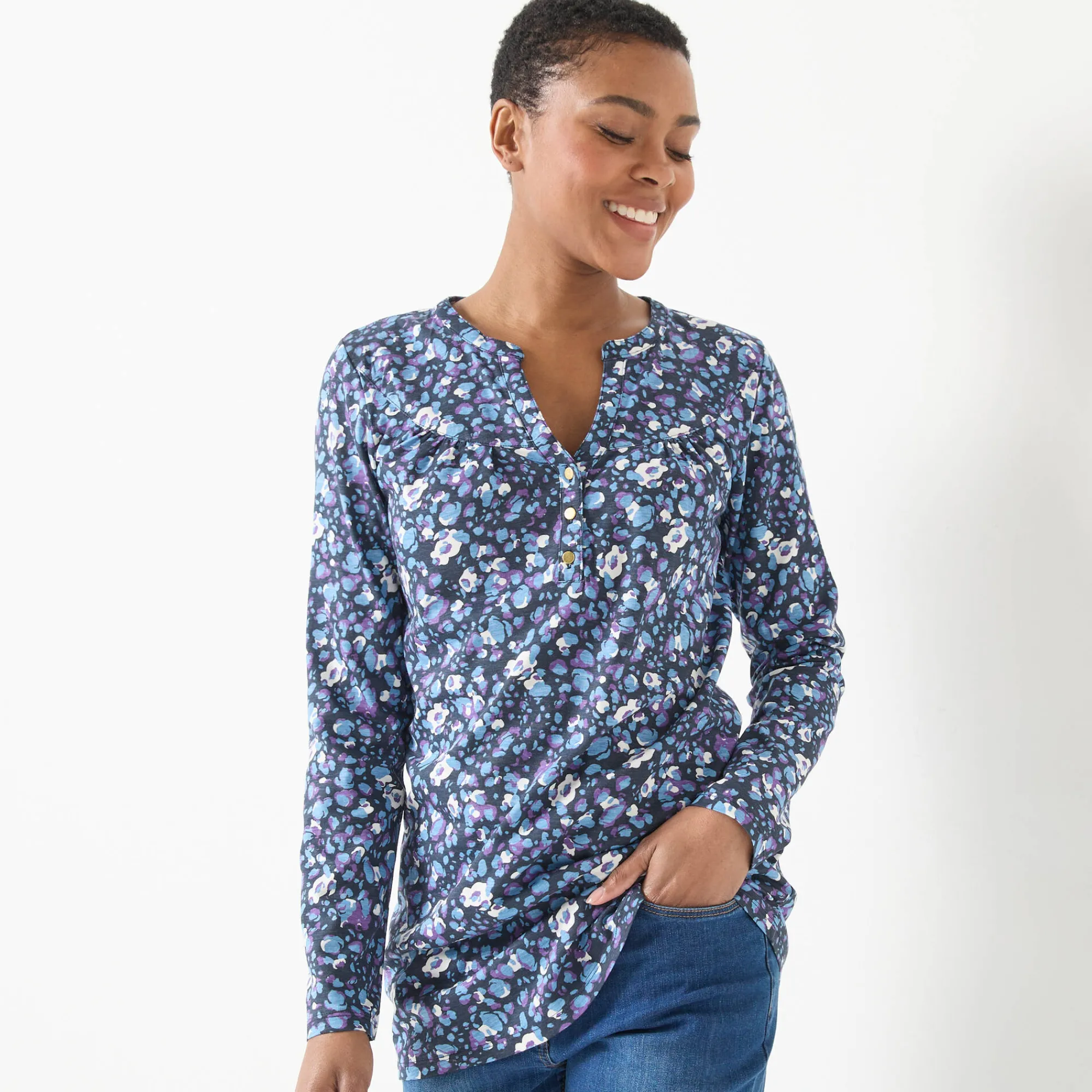 T-Shirt En Topje|Bloes En Tuniek<Blancheporte Tuniek met knoopkraag en dierenhuidprint marine / ecru
