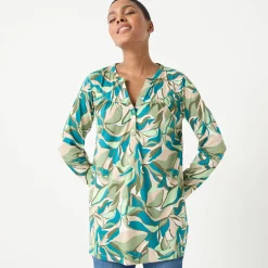 T-Shirt En Topje|Bloes En Tuniek<Blancheporte Tuniek met knoopkraag en bloemenprint kaki / beige