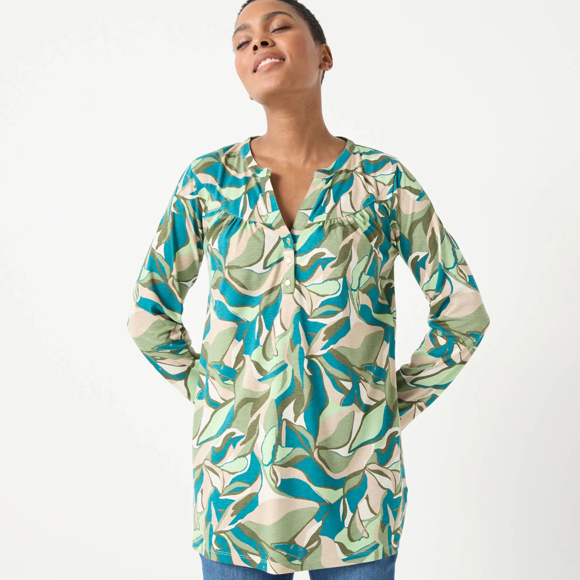 T-Shirt En Topje|Bloes En Tuniek<Blancheporte Tuniek met knoopkraag en bloemenprint kaki / beige