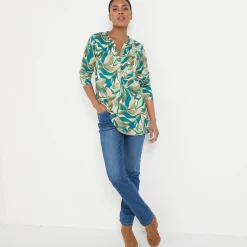 T-Shirt En Topje|Bloes En Tuniek<Blancheporte Tuniek met knoopkraag en bloemenprint kaki / beige