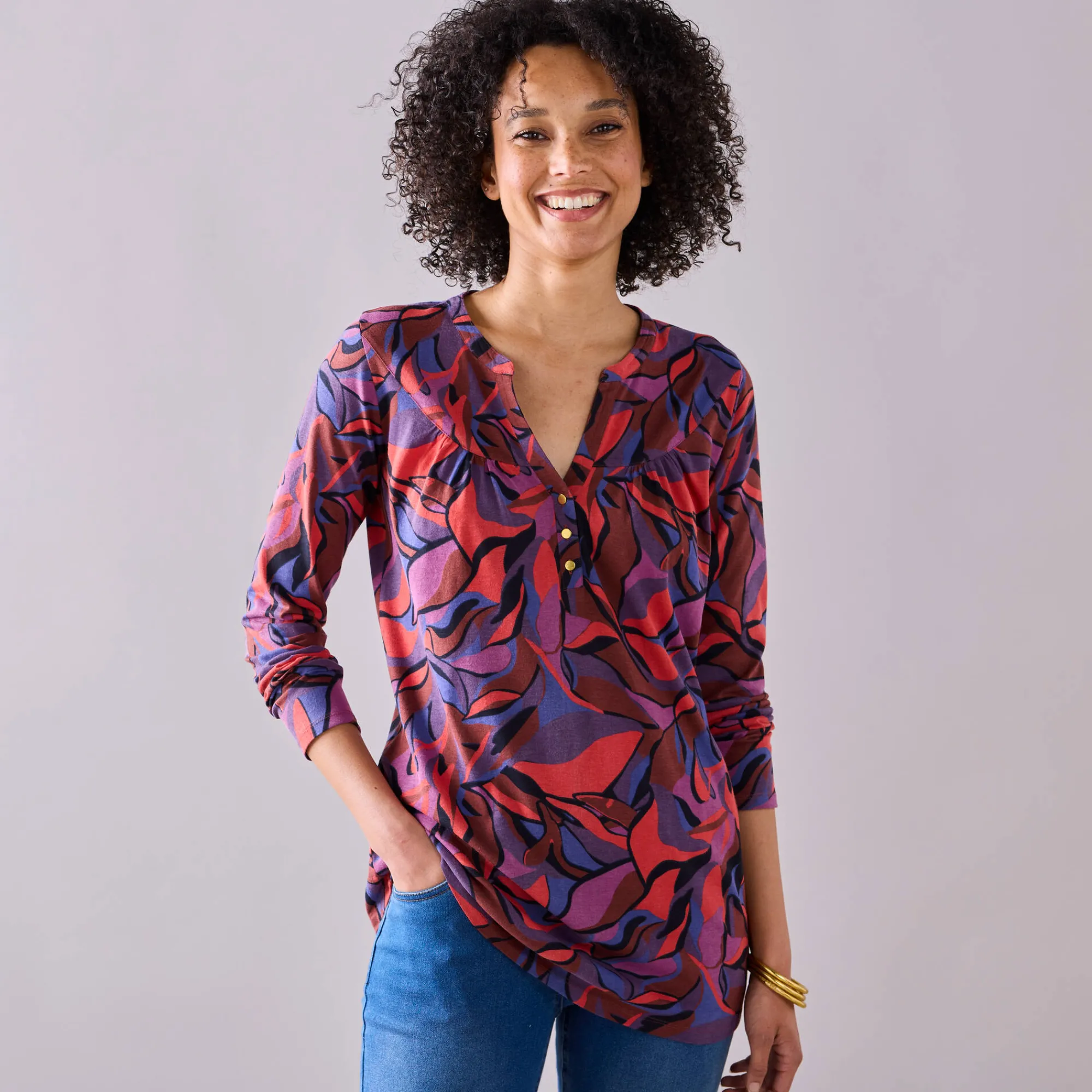 T-Shirt En Topje|Bloes En Tuniek<Blancheporte Tuniek met knoopkraag en bloemenprint rood / paars