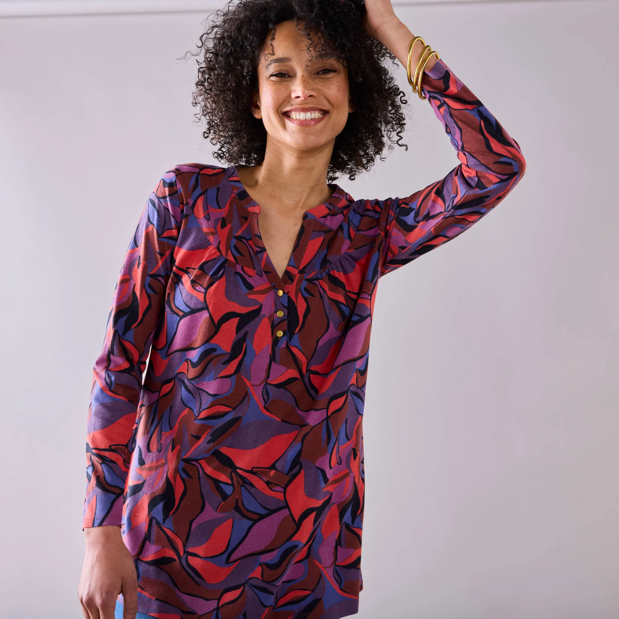 T-Shirt En Topje|Bloes En Tuniek<Blancheporte Tuniek met knoopkraag en bloemenprint rood / paars
