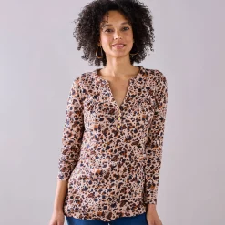 T-Shirt En Topje|Bloes En Tuniek<Blancheporte Tuniek met knoopkraag en dierenhuidprint beige / marine