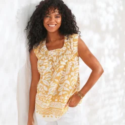 Bloes En Tuniek<Blancheporte Tuniek met knoopsluiting, bedrukt saffraangeel
