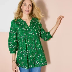 Bloes En Tuniek<Blancheporte Tuniek met knopen, plooitjes en bloemenprint groen