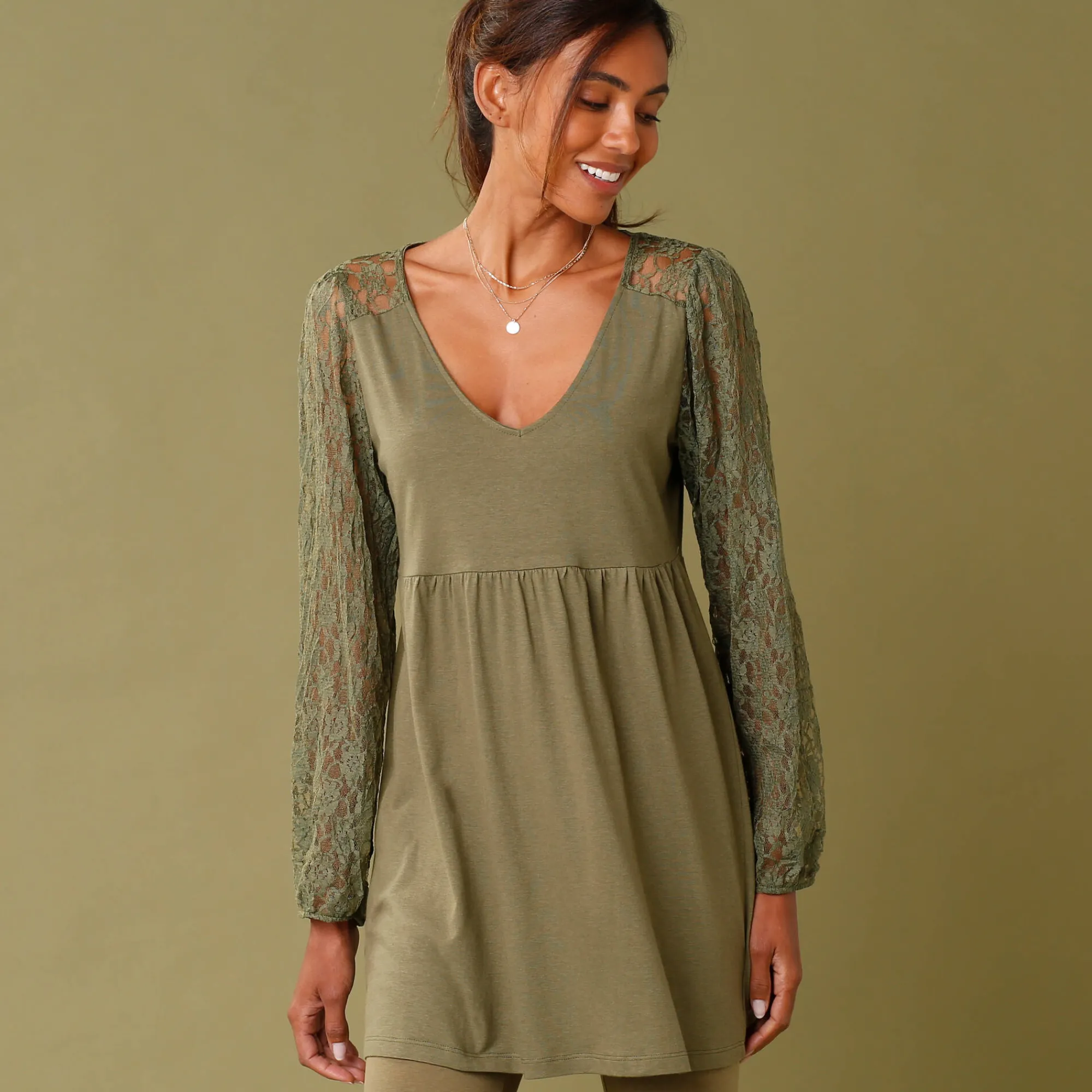Feestoutfits Dames|T-Shirt En Topje<Blancheporte Tuniek met lange mouwen en kant bronskleur